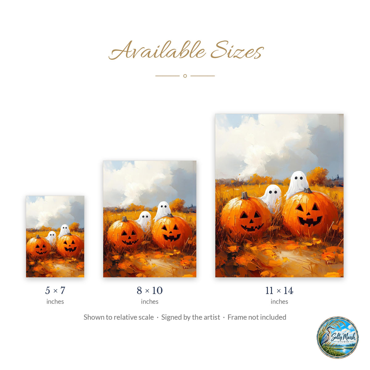 Sunny Pumpkin Ghosts art print size guide: 5x7, 8x10 and 11x14