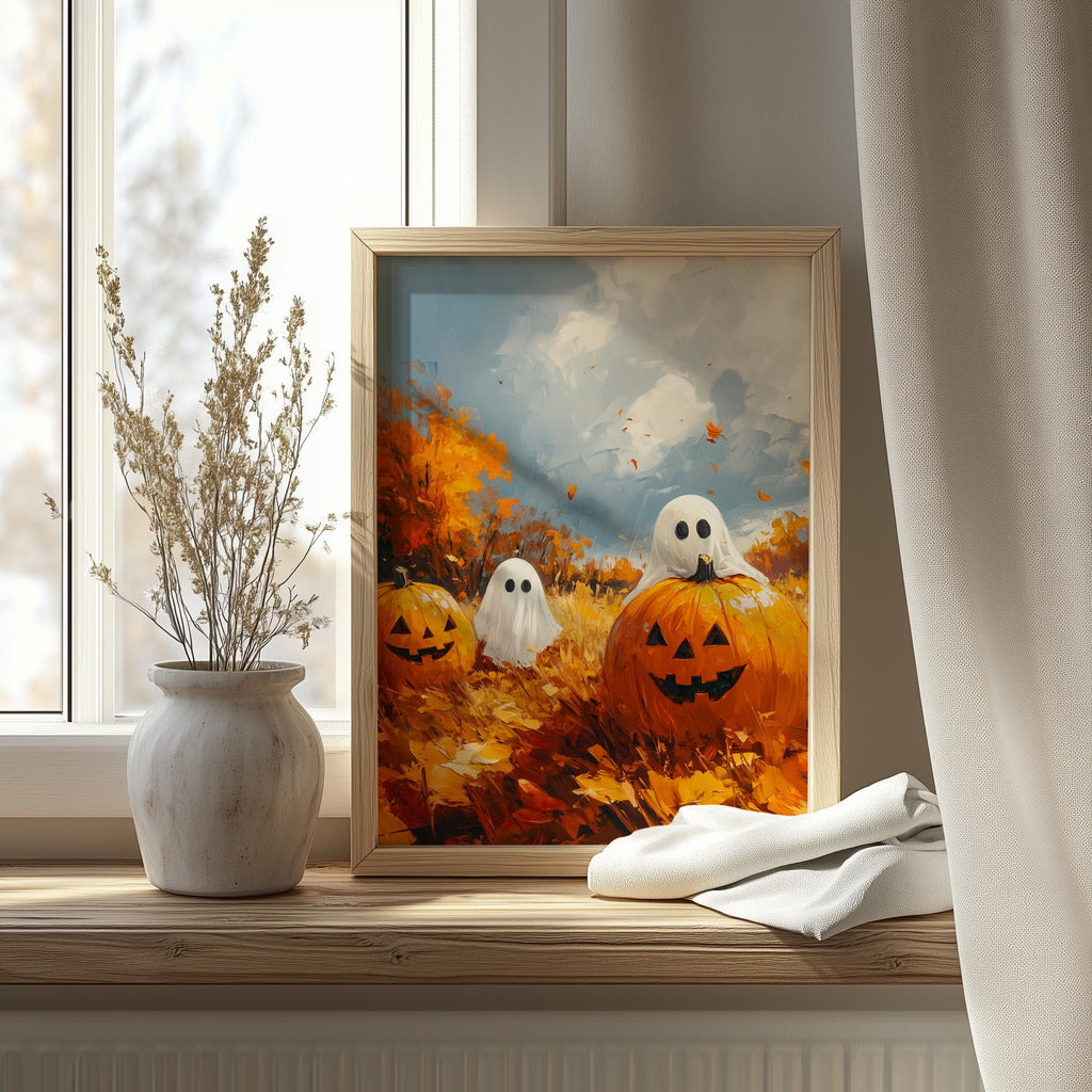 Pumpkin Patch Ghosts Halloween art print shown in a room setting