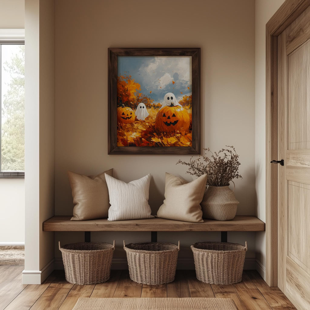 Pumpkin Patch Ghosts Halloween art print shown in a room setting