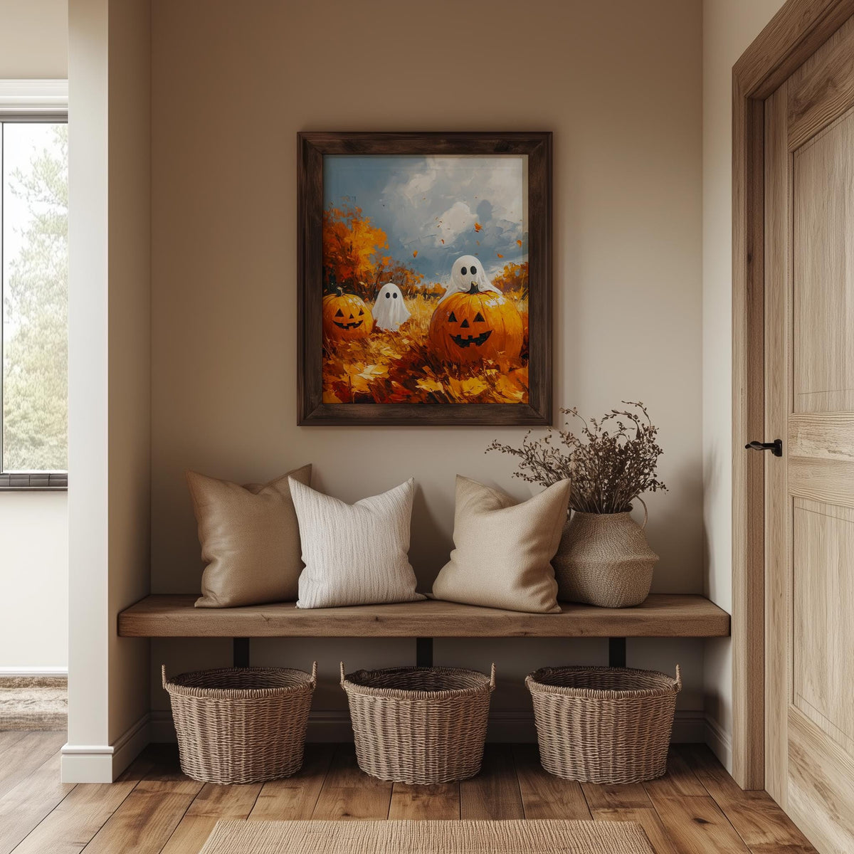Pumpkin Patch Ghosts Halloween art print shown in a room setting