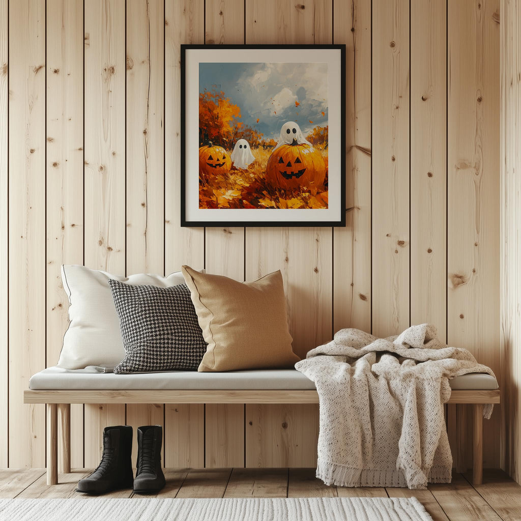 Pumpkin Patch Ghosts Halloween art print shown in a room setting