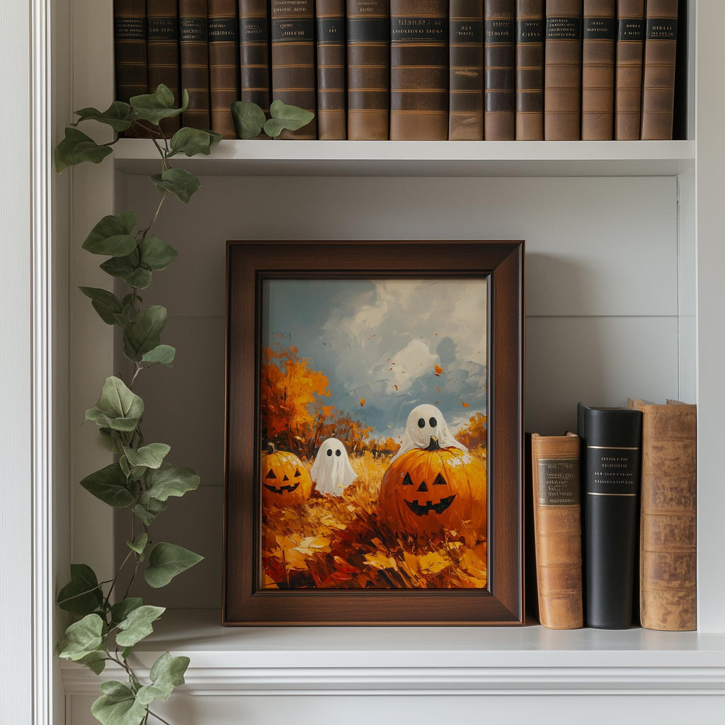 Pumpkin Patch Ghosts Halloween art print shown in a room setting