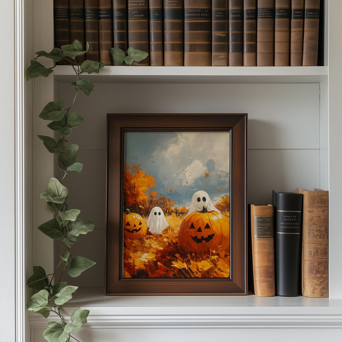Pumpkin Patch Ghosts Halloween art print shown in a room setting