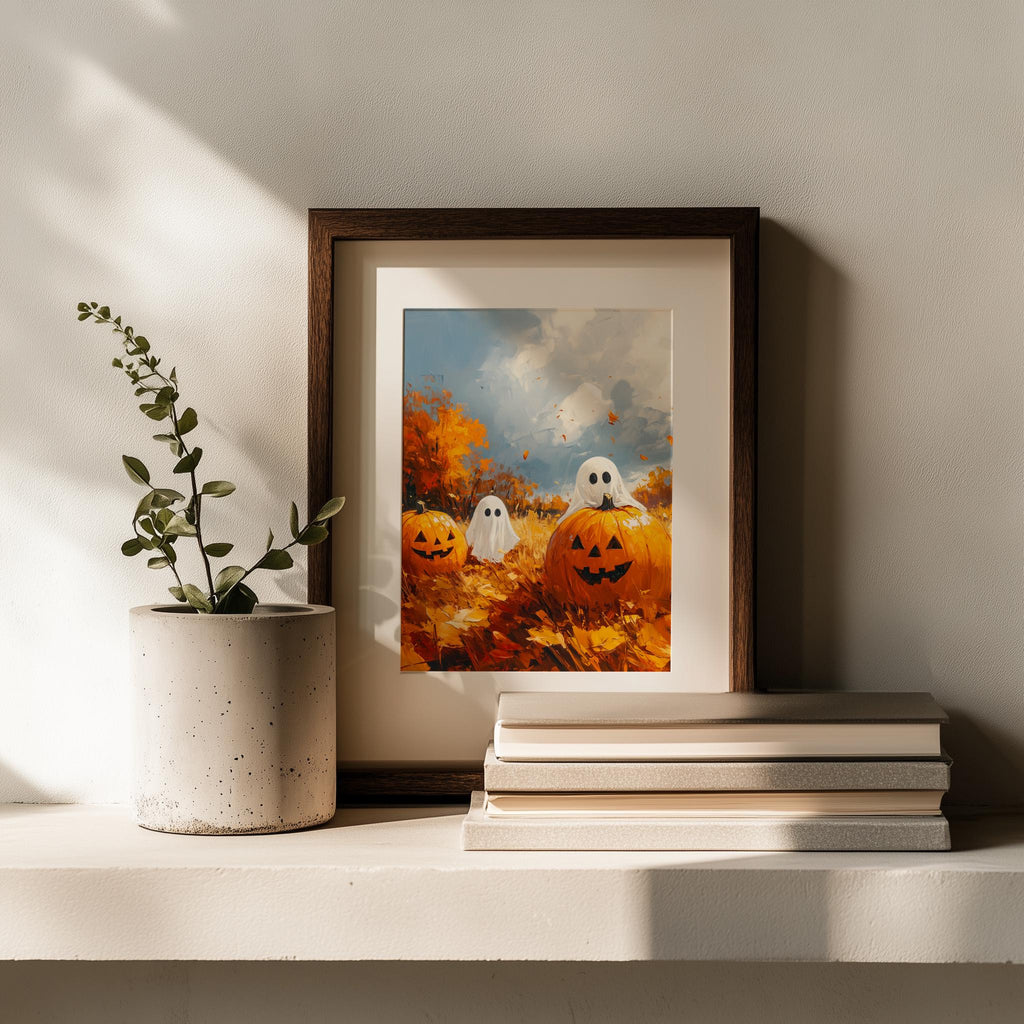 Pumpkin Patch Ghosts Halloween art print shown in a room setting