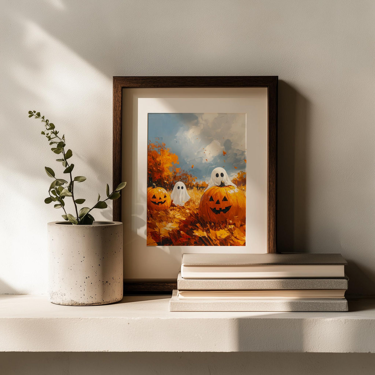 Pumpkin Patch Ghosts Halloween art print shown in a room setting