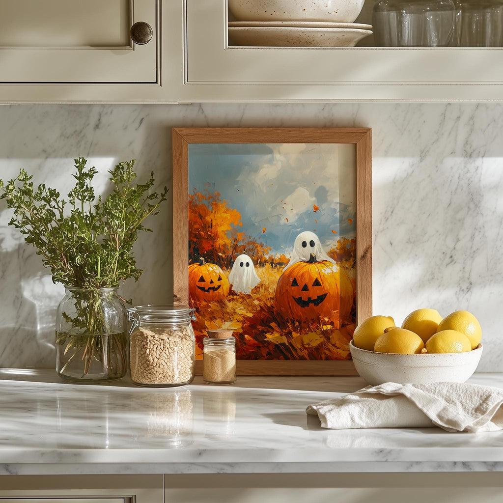 Pumpkin Patch Ghosts Halloween art print shown in a room setting
