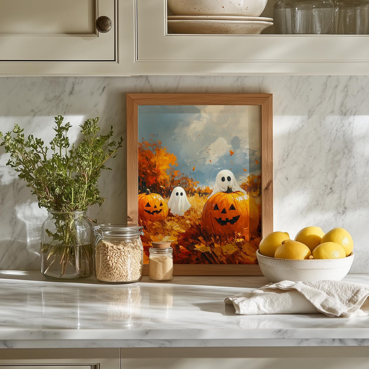 Pumpkin Patch Ghosts Halloween art print shown in a room setting