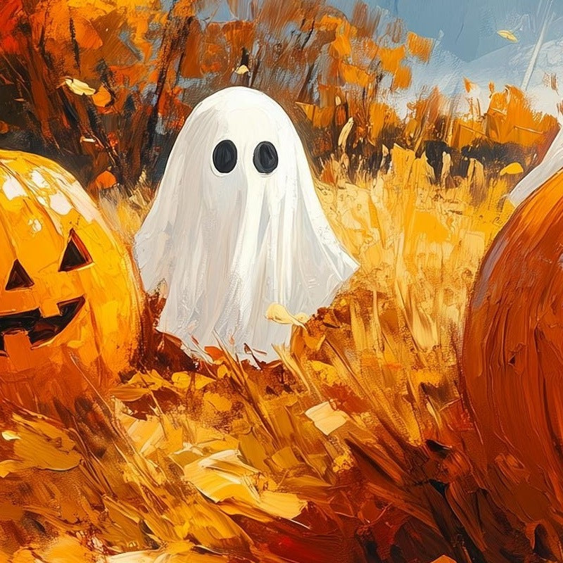 Pumpkin Patch Ghosts Halloween art print close-up detail