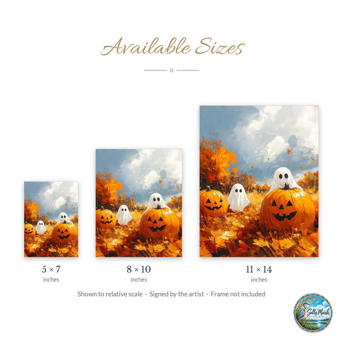 Pumpkin Patch Ghosts art print size guide: 5x7, 8x10 and 11x14