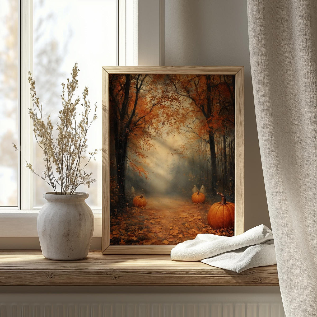 Misty Pumpkin Path fall art print shown in a room setting