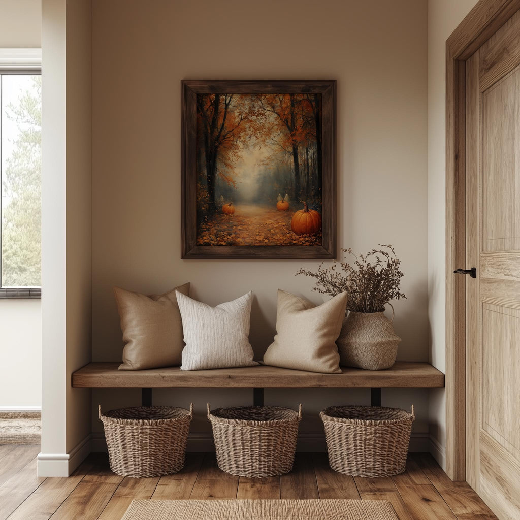 Misty Pumpkin Path fall art print shown in a room setting