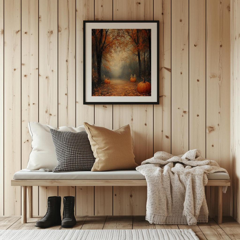 Misty Pumpkin Path fall art print shown in a room setting