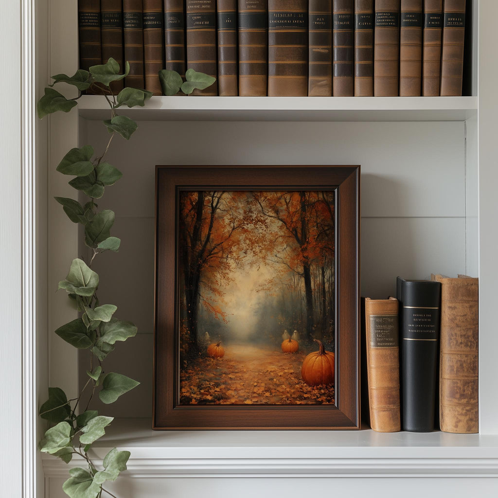 Misty Pumpkin Path fall art print shown in a room setting