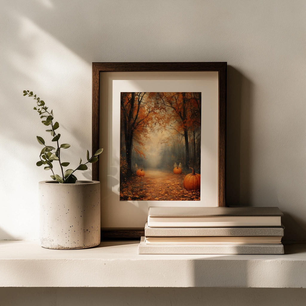 Misty Pumpkin Path fall art print shown in a room setting