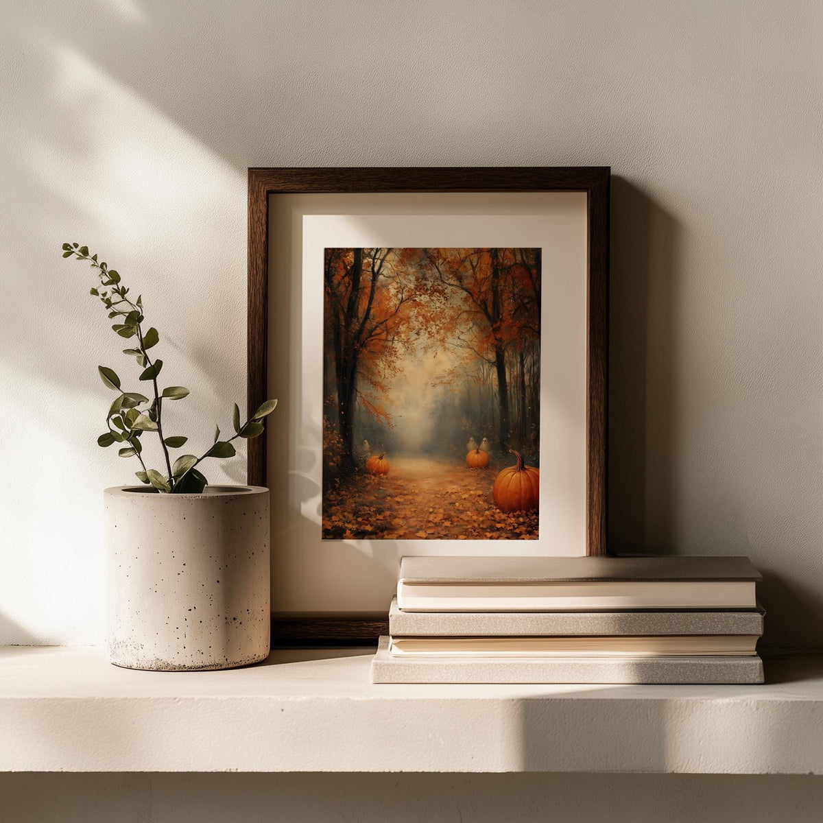 Misty Pumpkin Path fall art print shown in a room setting