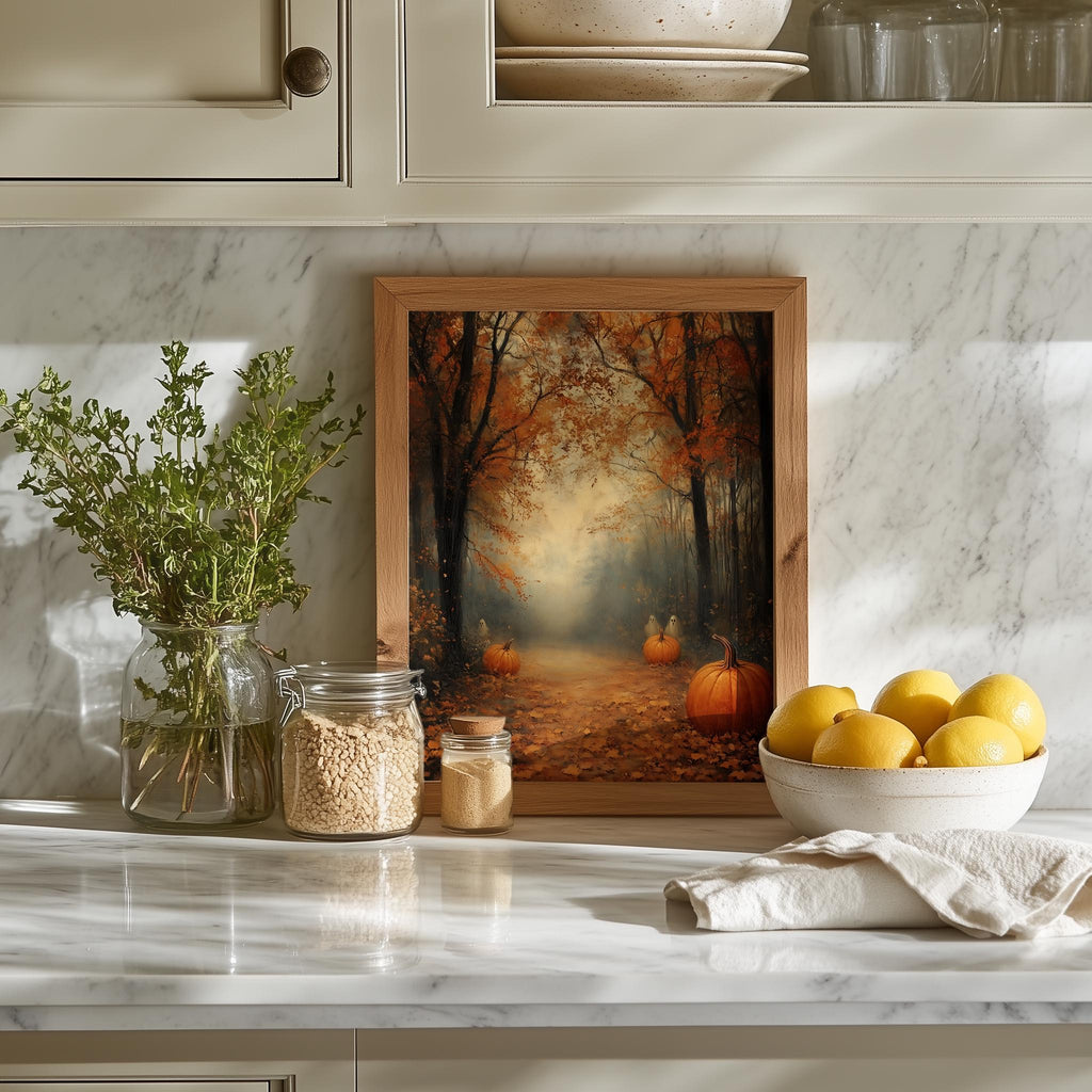 Misty Pumpkin Path fall art print shown in a room setting