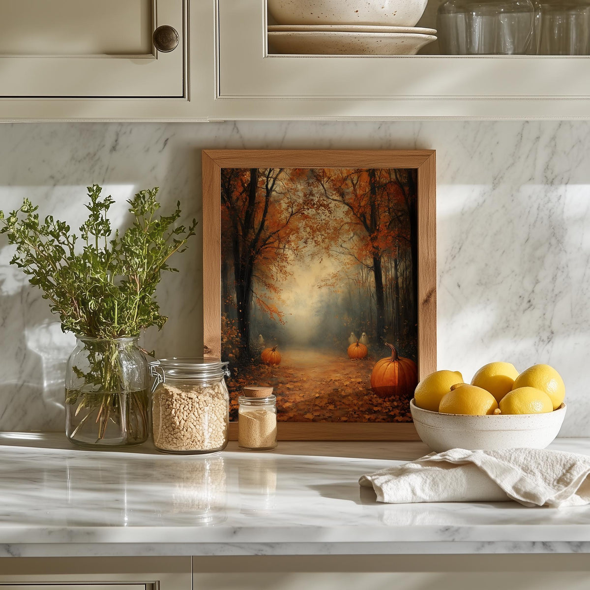 Misty Pumpkin Path fall art print shown in a room setting