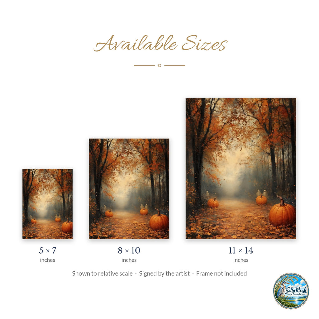 Misty Pumpkin Path art print size guide: 5x7, 8x10 and 11x14