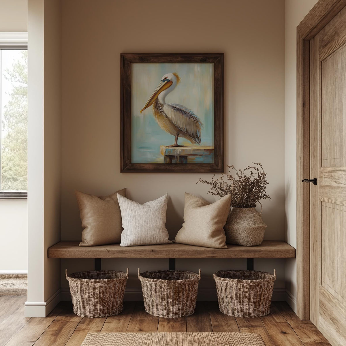 Pelican Dock Post animal art print shown in a room setting