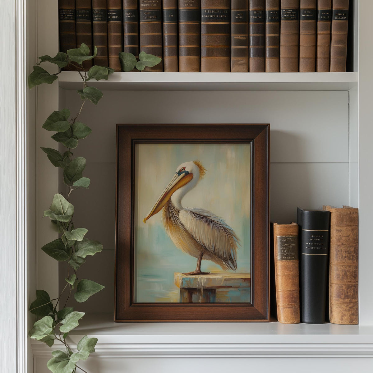 Pelican Dock Post animal art print shown in a room setting