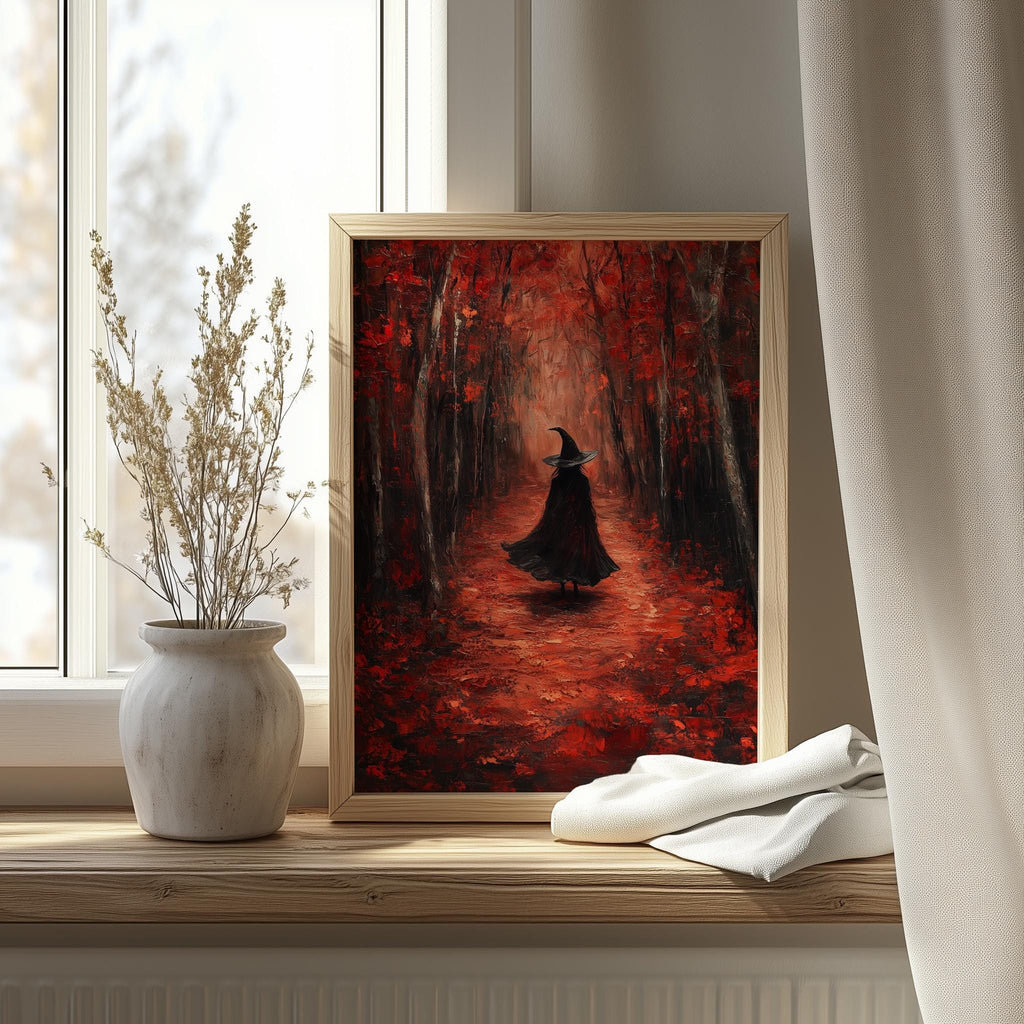 Crimson Path Witch Halloween art print shown in a room setting
