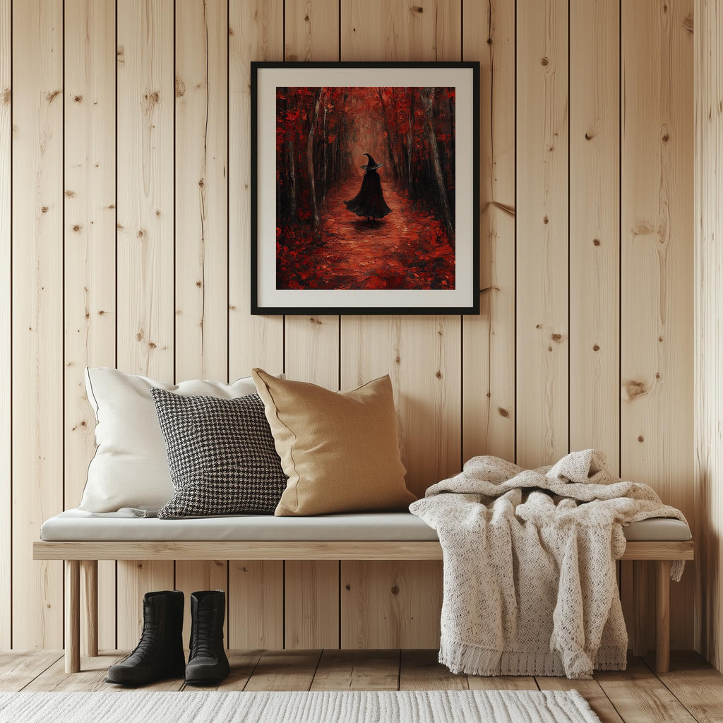 Crimson Path Witch Halloween art print shown in a room setting