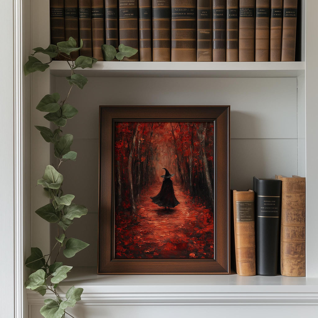Crimson Path Witch Halloween art print shown in a room setting