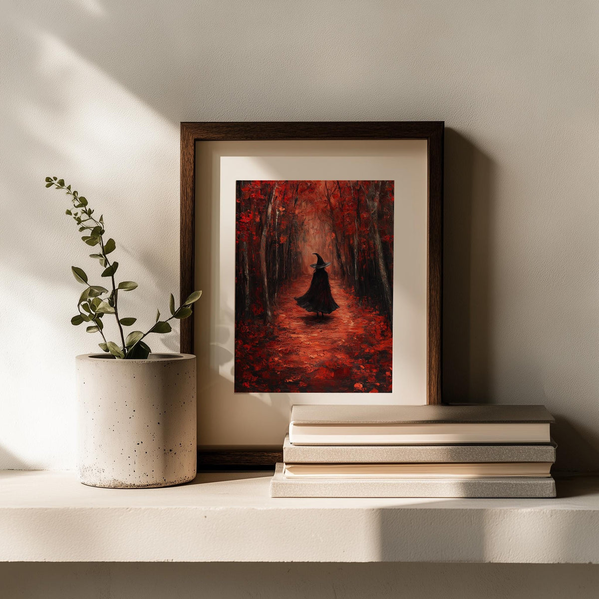 Crimson Path Witch Halloween art print shown in a room setting
