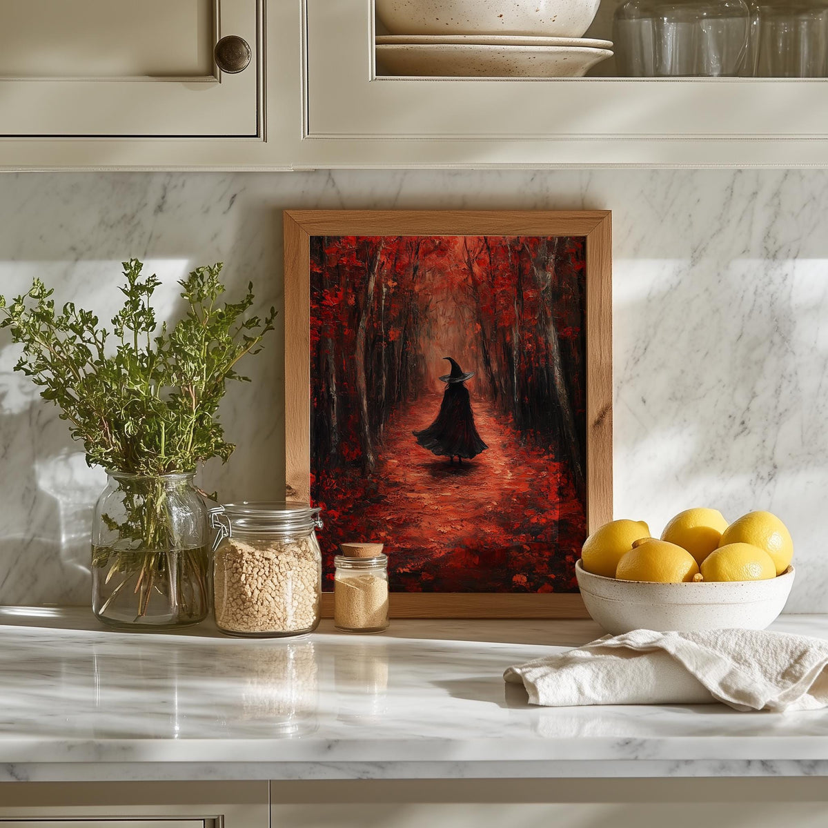 Crimson Path Witch Halloween art print shown in a room setting