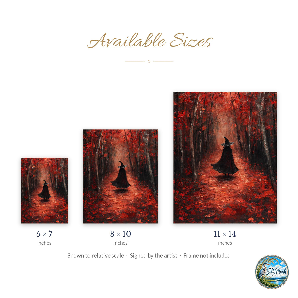 Crimson Path Witch art print size guide: 5x7, 8x10 and 11x14
