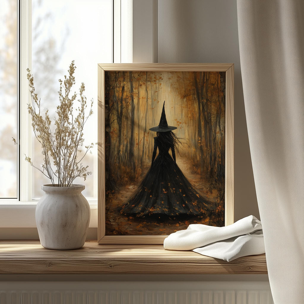 Forest Path Witch Halloween art print shown in a room setting