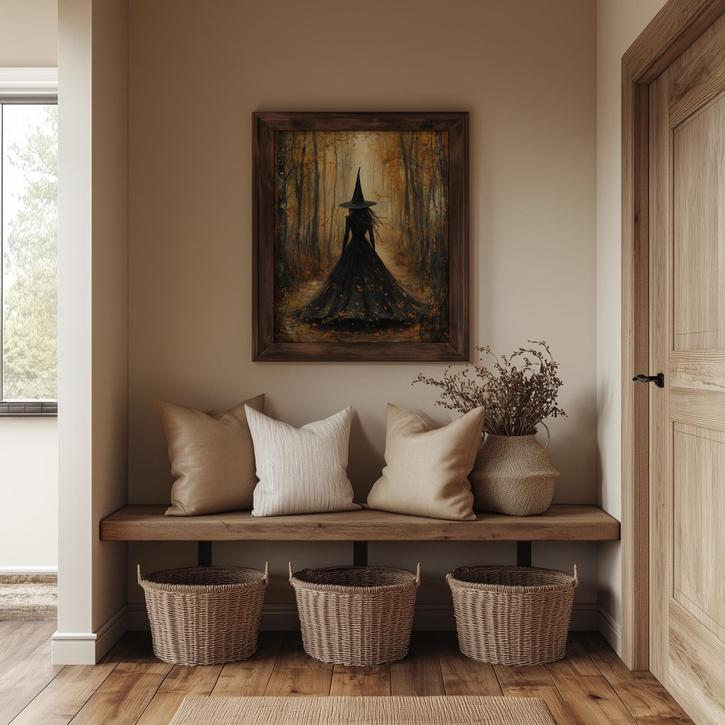 Forest Path Witch Halloween art print shown in a room setting