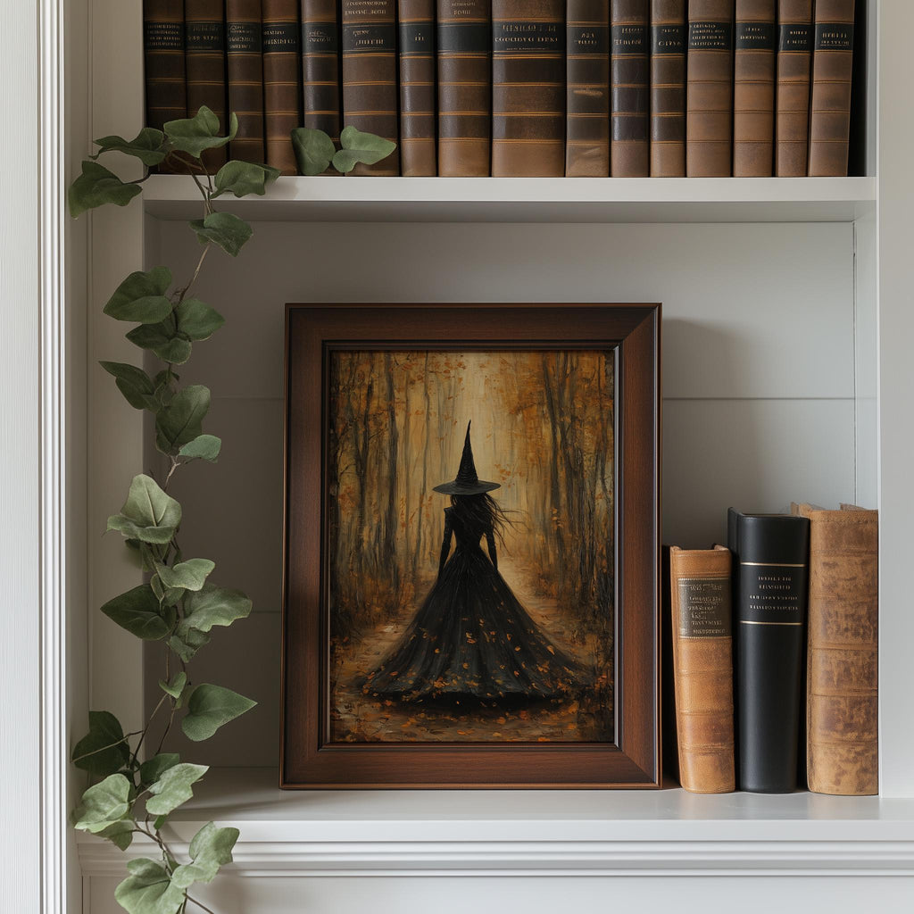 Forest Path Witch Halloween art print shown in a room setting