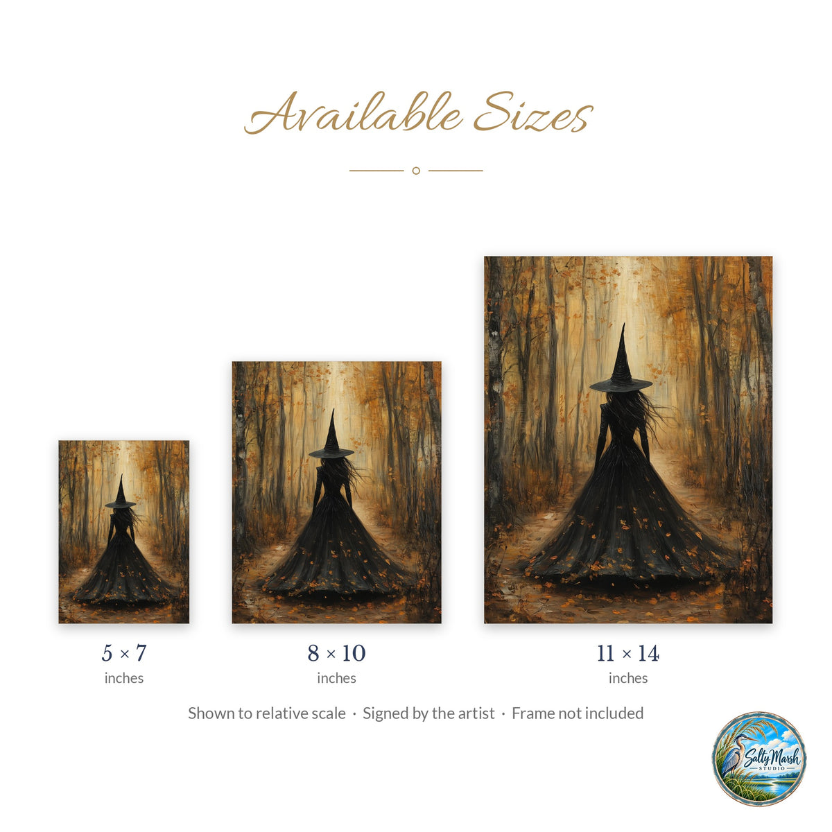 Forest Path Witch art print size guide: 5x7, 8x10 and 11x14
