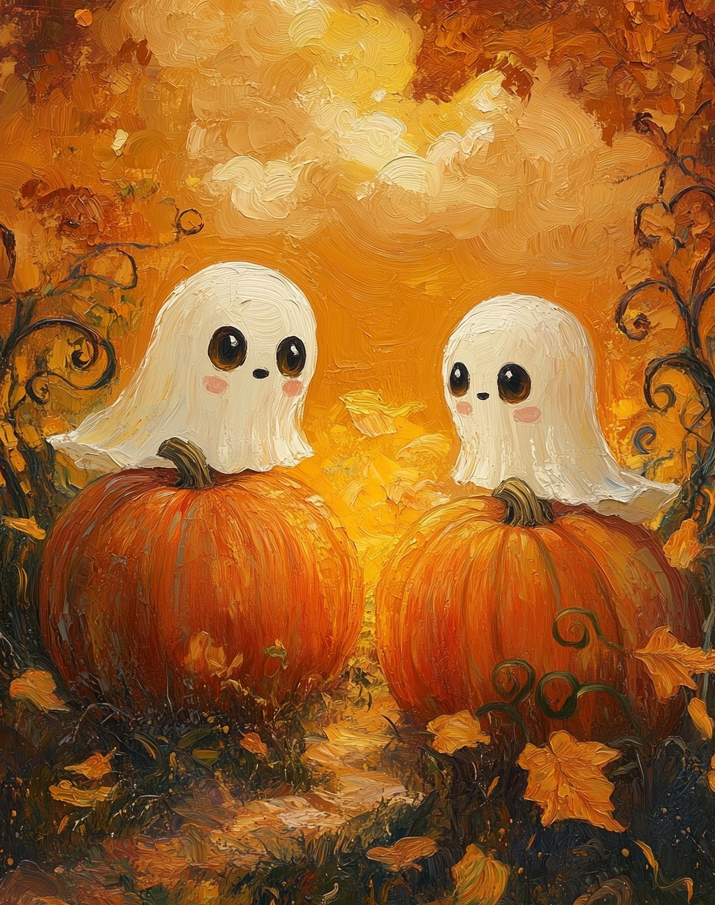 Pumpkin Ghost Pair Halloween art print unframed, signed by Pattie Overcash