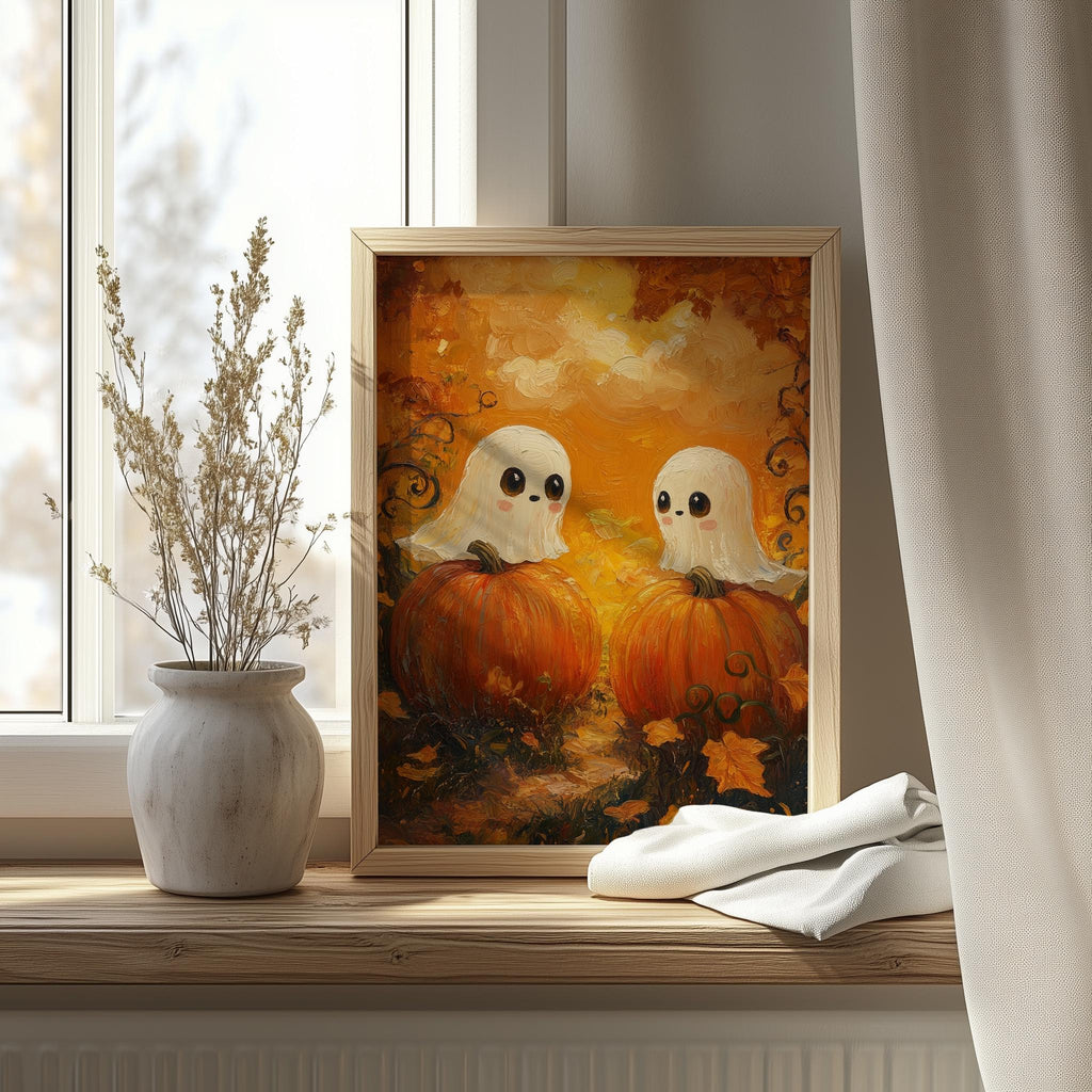 Pumpkin Ghost Pair Halloween art print shown in a room setting