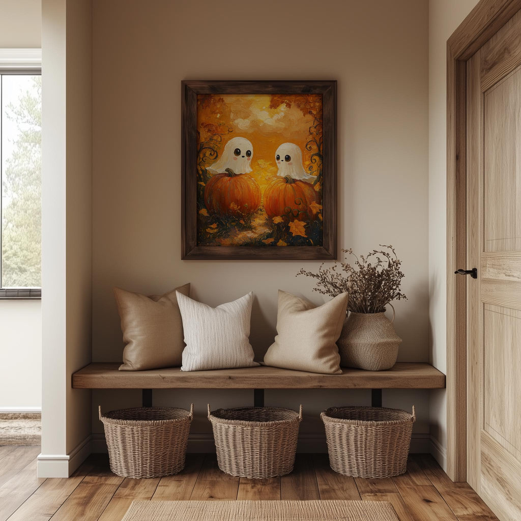 Pumpkin Ghost Pair Halloween art print shown in a room setting