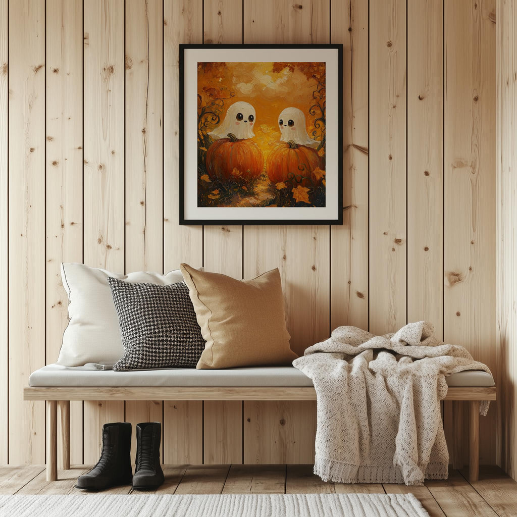 Pumpkin Ghost Pair Halloween art print shown in a room setting