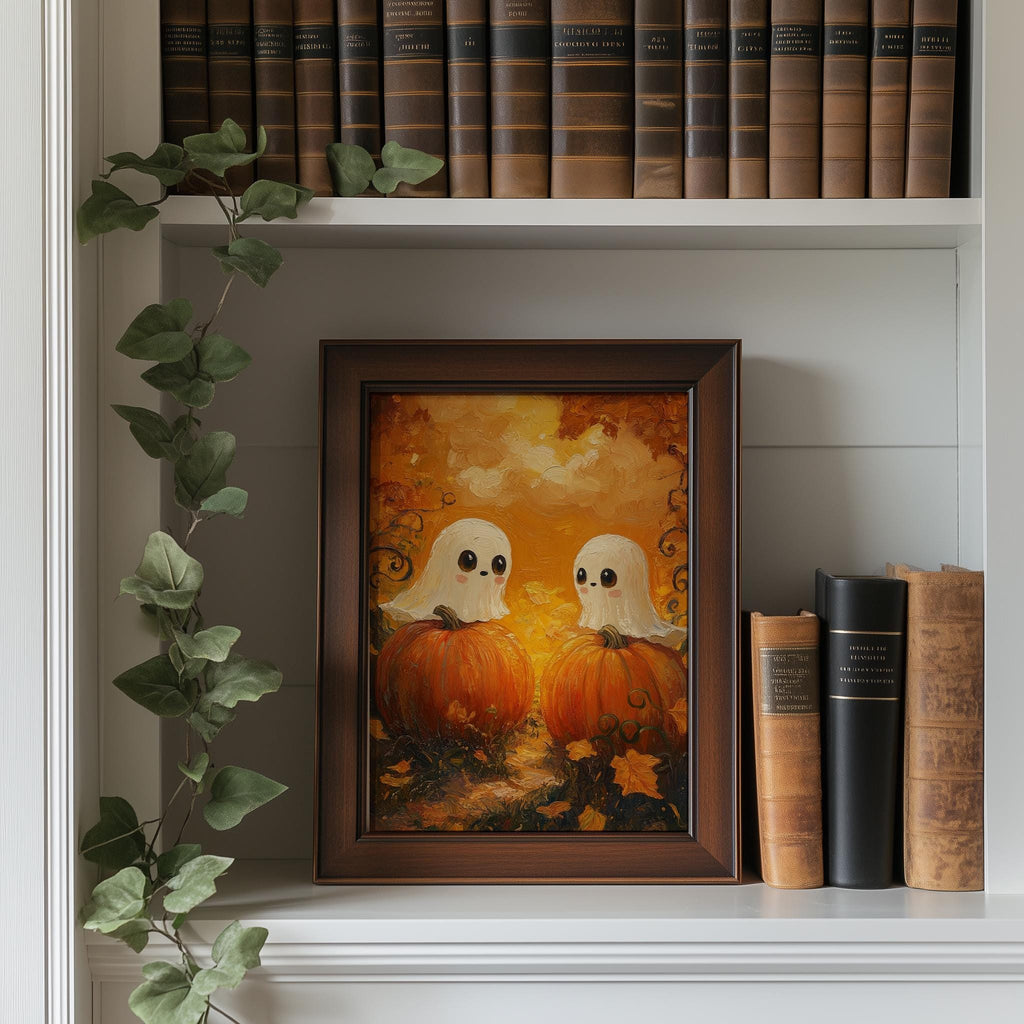Pumpkin Ghost Pair Halloween art print shown in a room setting