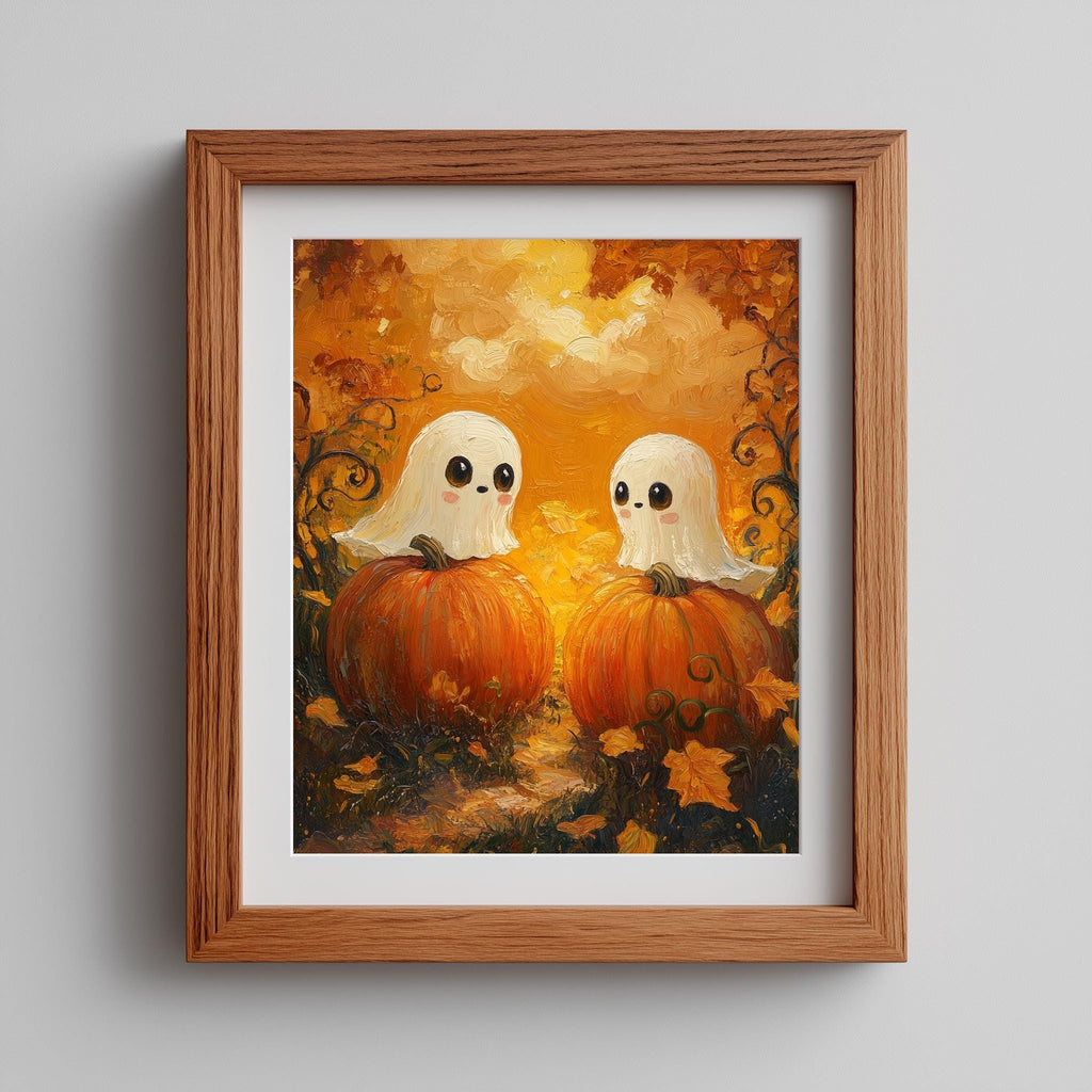 Pumpkin Ghost Pair Halloween art print shown in a room setting