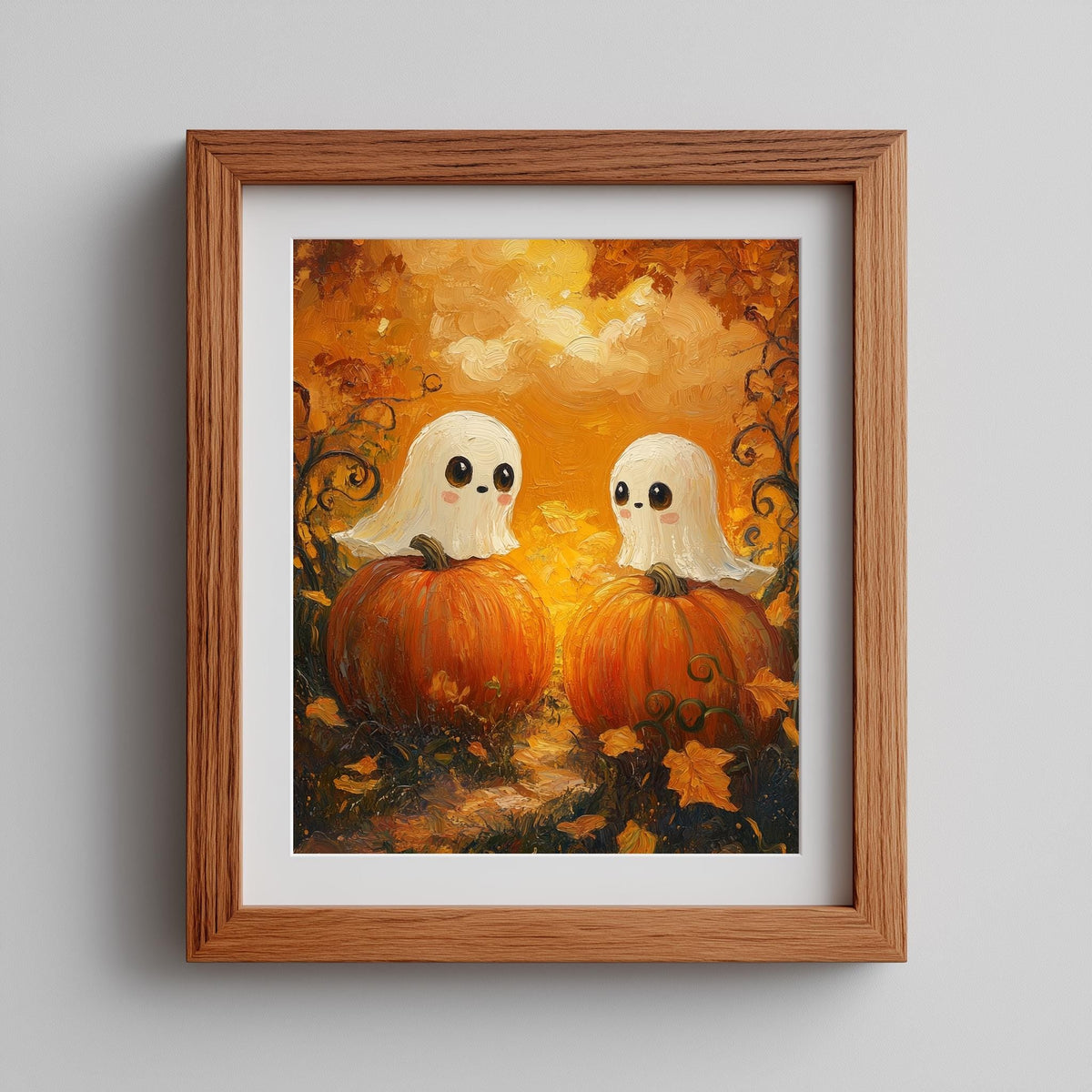 Pumpkin Ghost Pair Halloween art print shown in a room setting