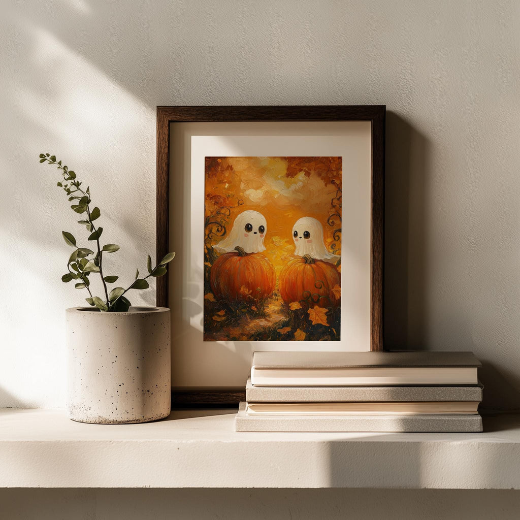 Pumpkin Ghost Pair Halloween art print shown in a room setting