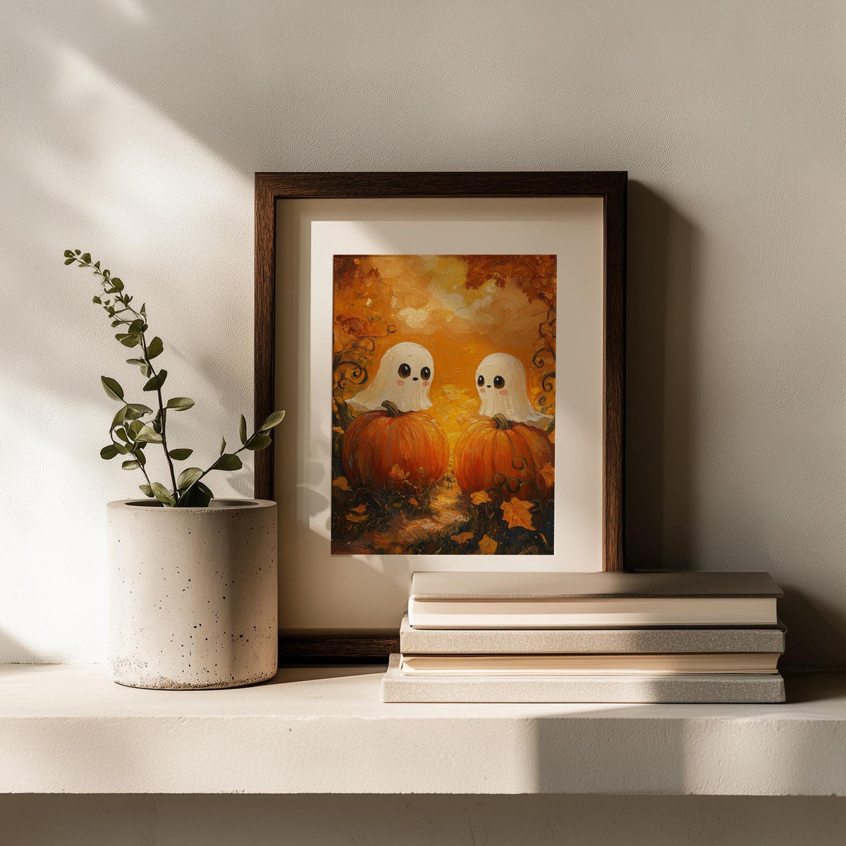 Pumpkin Ghost Pair Halloween art print shown in a room setting