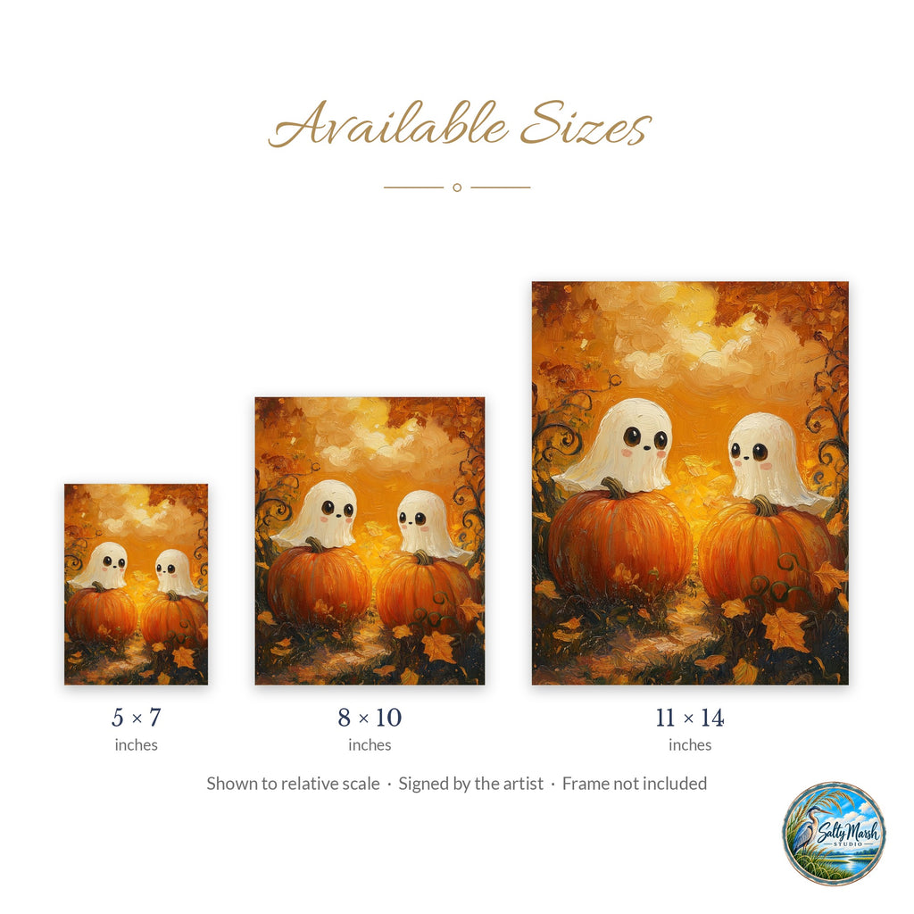 Pumpkin Ghost Pair art print size guide: 5x7, 8x10 and 11x14