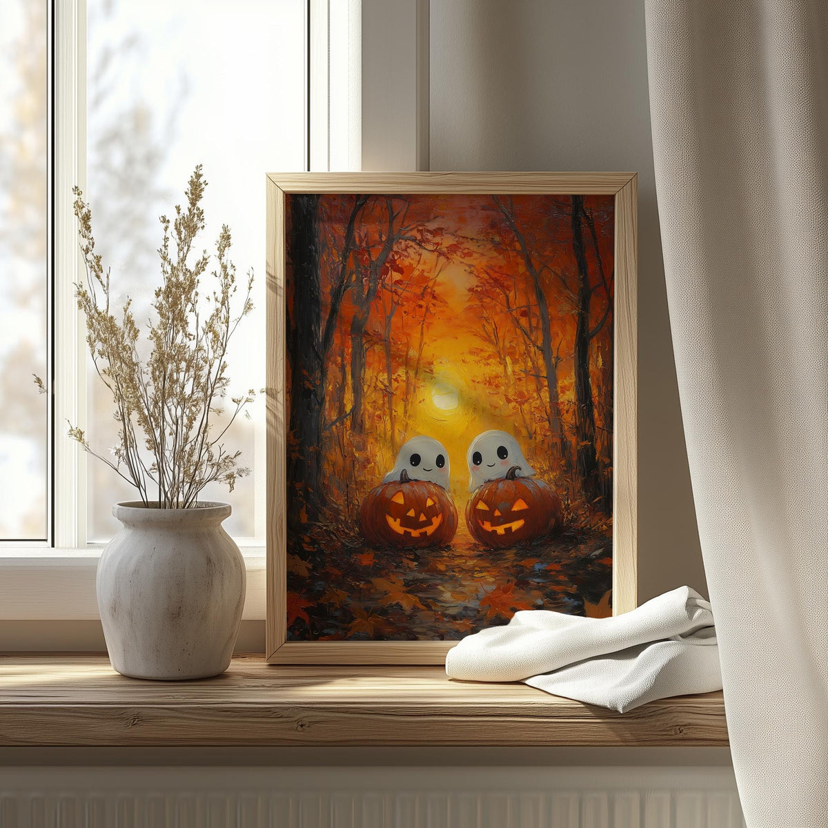 Golden Forest Ghosts Halloween art print shown in a room setting