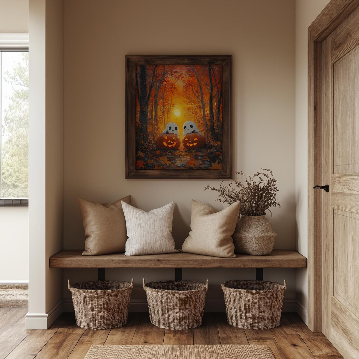 Golden Forest Ghosts Halloween art print shown in a room setting