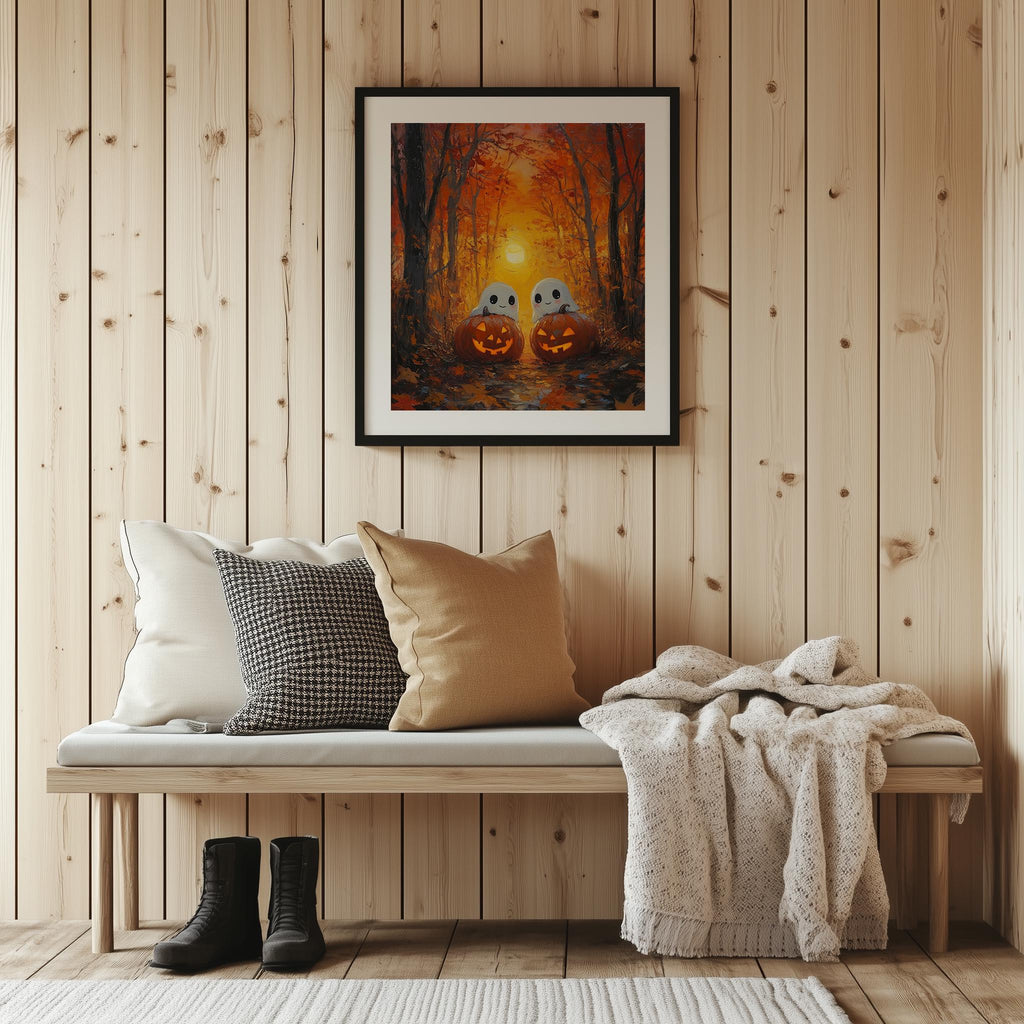 Golden Forest Ghosts Halloween art print shown in a room setting