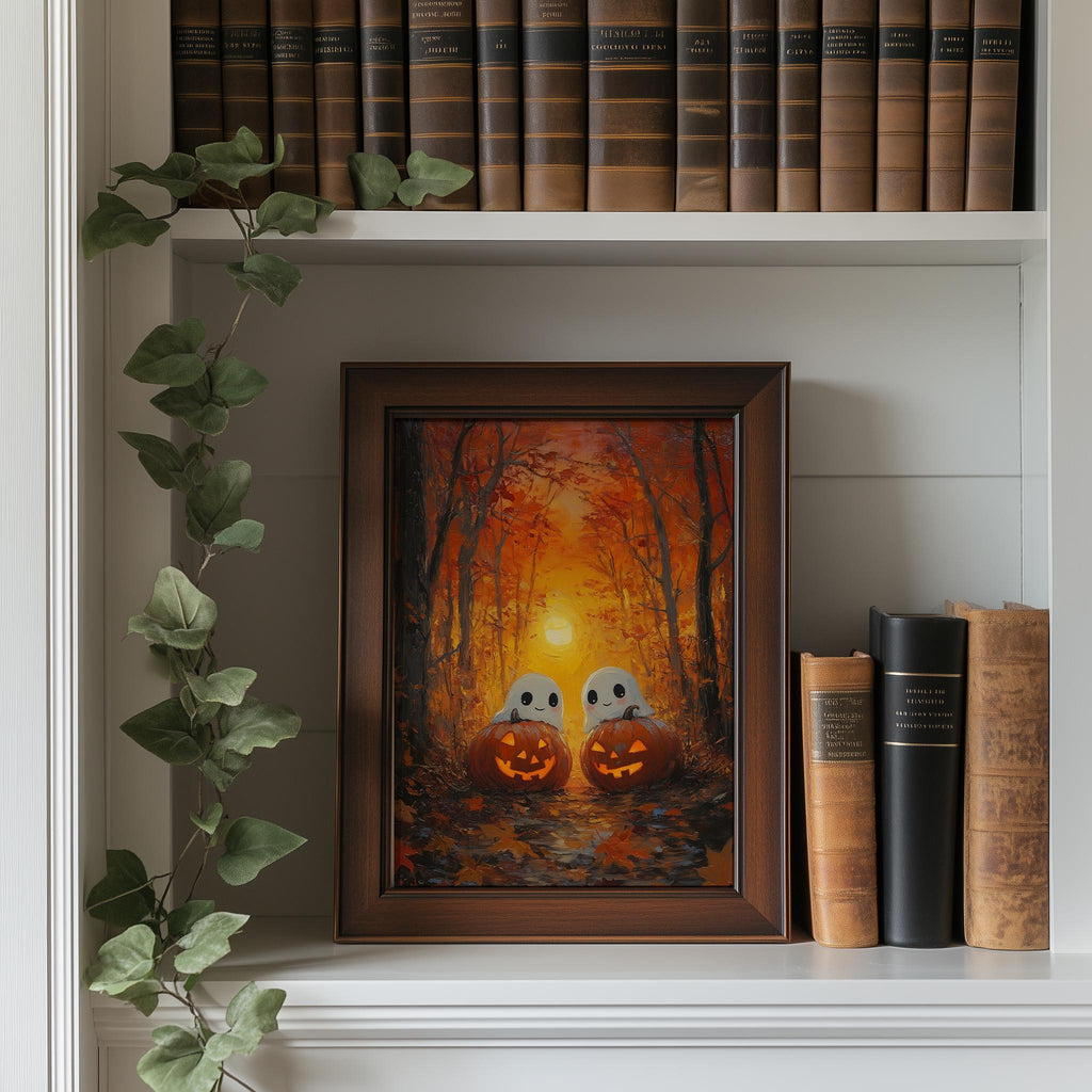 Golden Forest Ghosts Halloween art print shown in a room setting