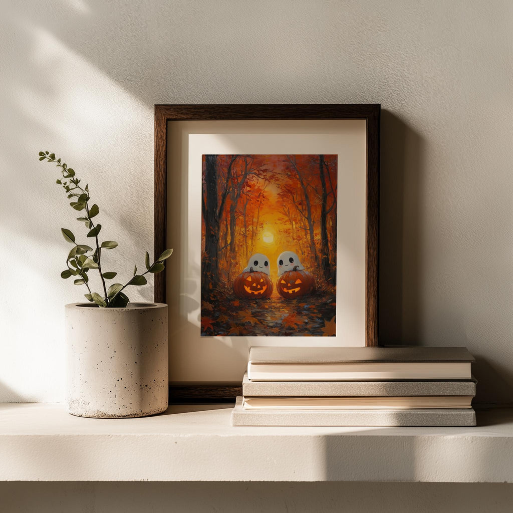 Golden Forest Ghosts Halloween art print shown in a room setting