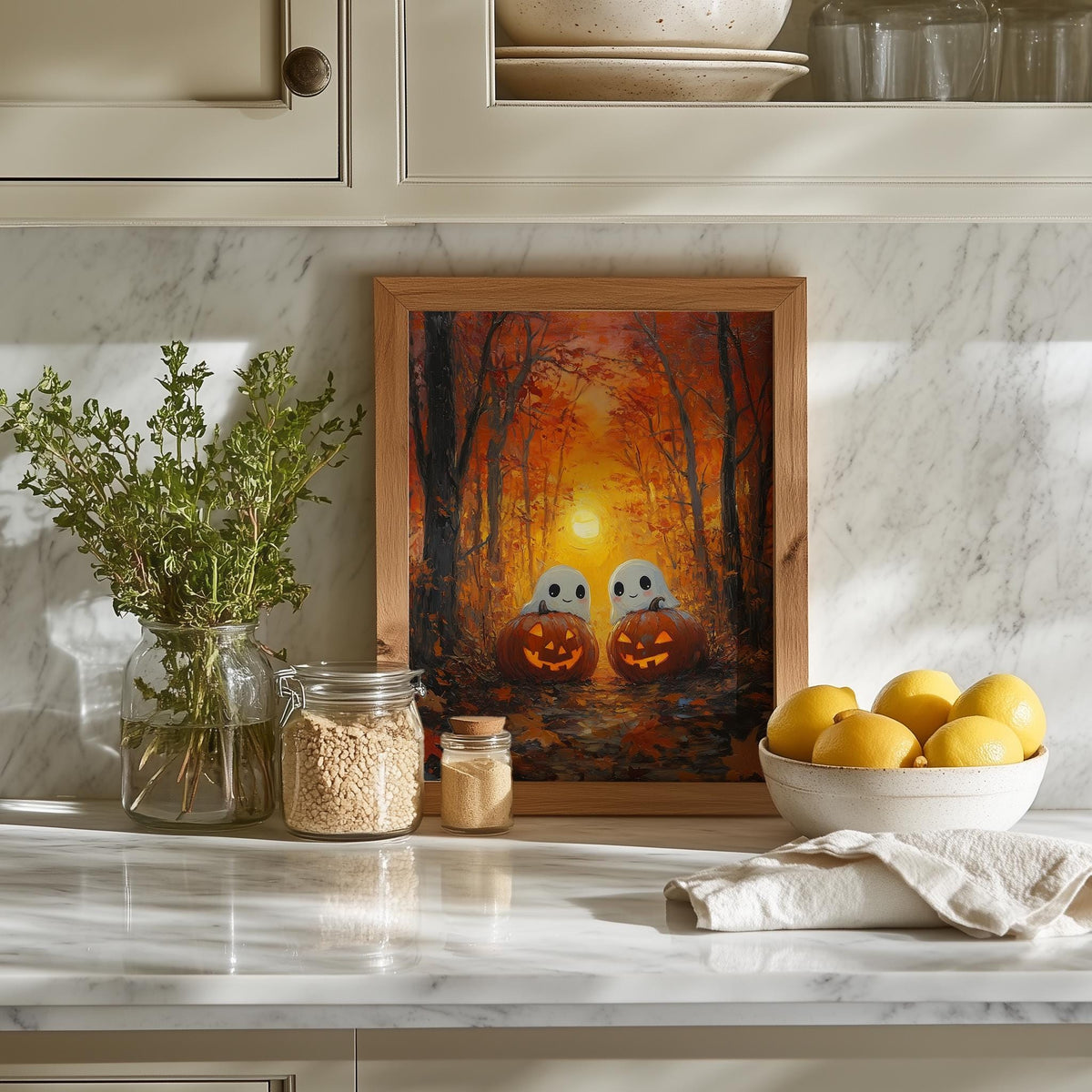 Golden Forest Ghosts Halloween art print shown in a room setting